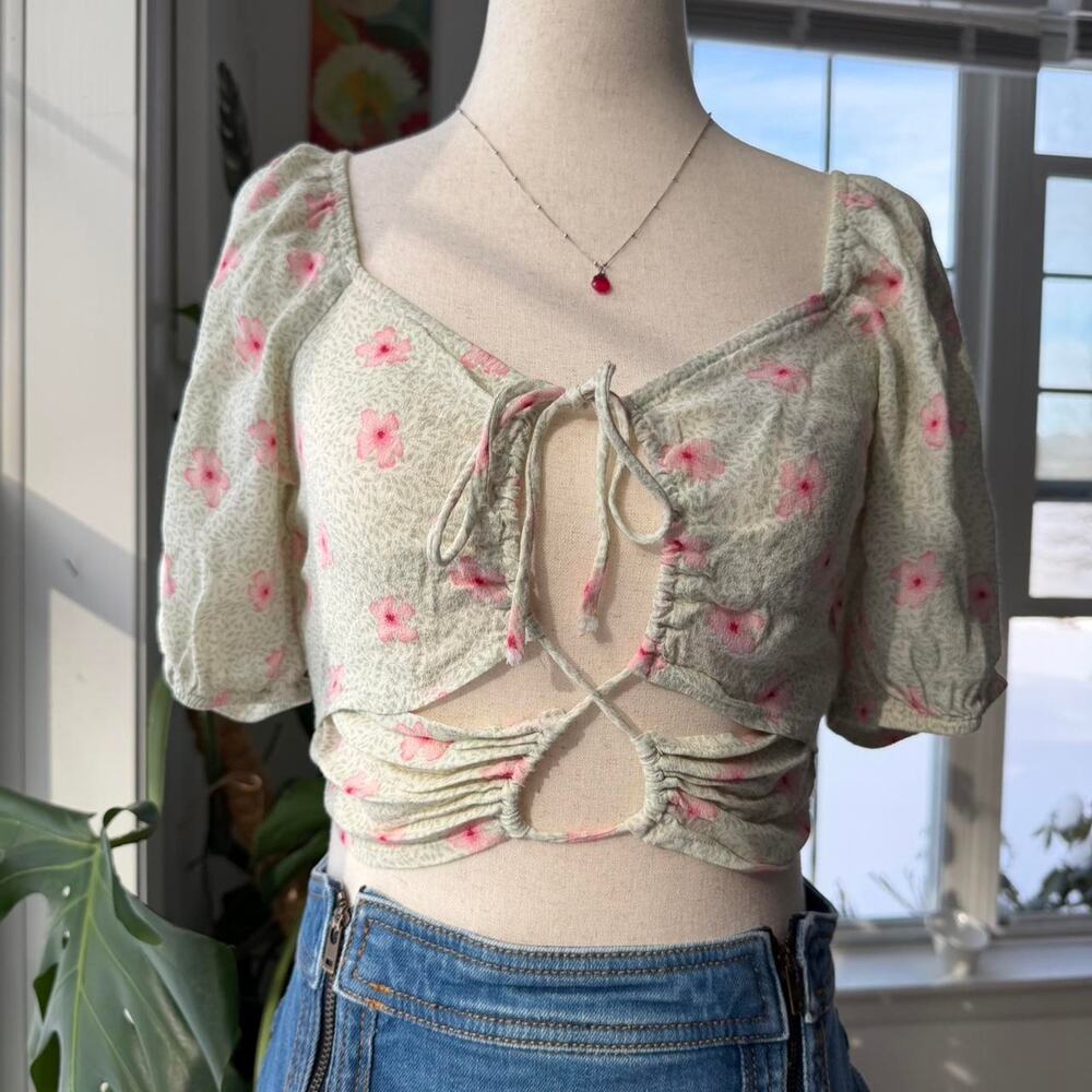 Mint Green and Pink Floral Front Tie Crop Top